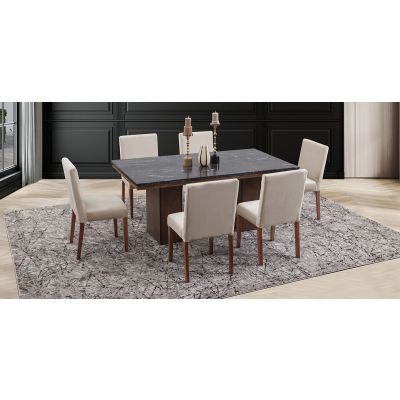 Comedor Rectangular De Mármol 180 Cm Alessia Negro/Beige 7 Piezas