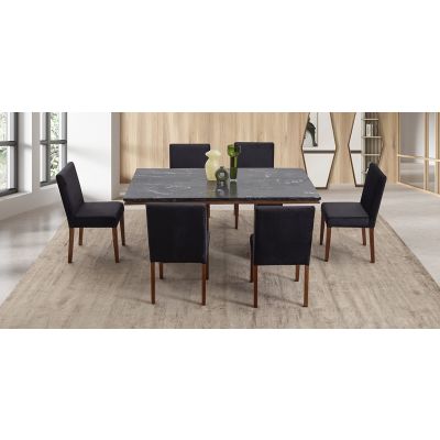 Comedor Rectangular De Mármol 180 Cm Alessia Negro 7 Piezas