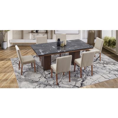 Comedor Rectangular De Mármol 210 Cm Alessia Negro/Beige 7 Piezas