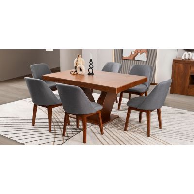 Comedor Volta Nogal Con Sillas Olaf Gris 7 Piezas