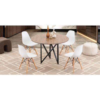 Comedor Redondo Nápoles Parota Con Sillas Atlas Blanco 5 Piezas