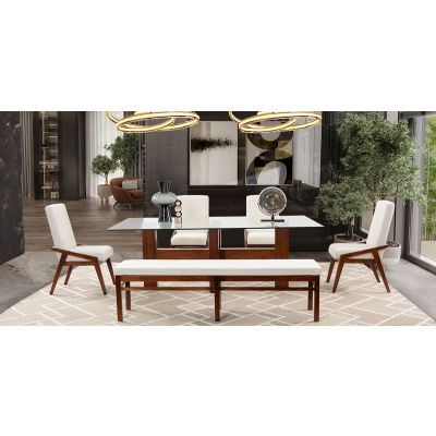 Comedor Rectangular De Cristal Praga Con Sillas Y Banca Praga Mix Beige 6 Piezas