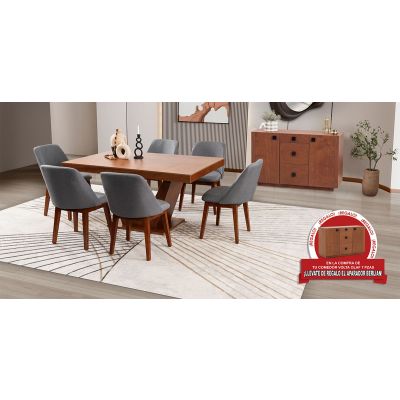 Comedor Volta Nogal Con Sillas Olaf Gris 7 Piezas