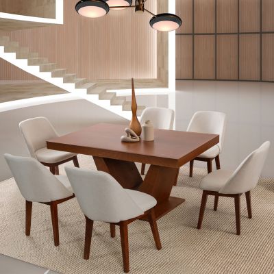 Comedor Volta Nogal Con Sillas Olaf Beige 7 Piezas