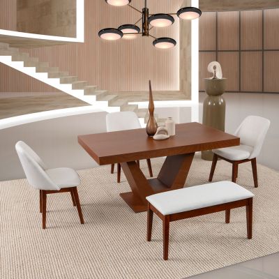 Comedor Volta Nogal Con Sillas Y Banca Olaf Beige 5 Piezas
