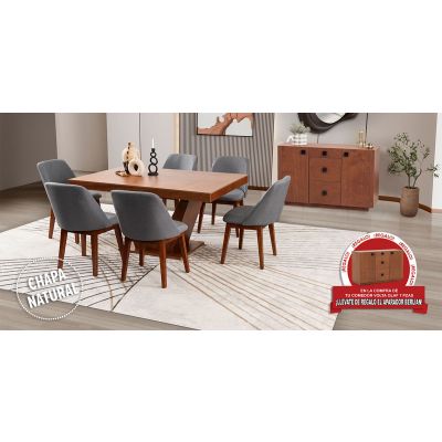 Comedor Volta Nogal Con Sillas Olaf Gris 7 Piezas