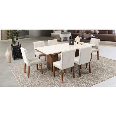 Comedor Rectangular De Mármol 210 Cm Alessia Beige 7 Piezas