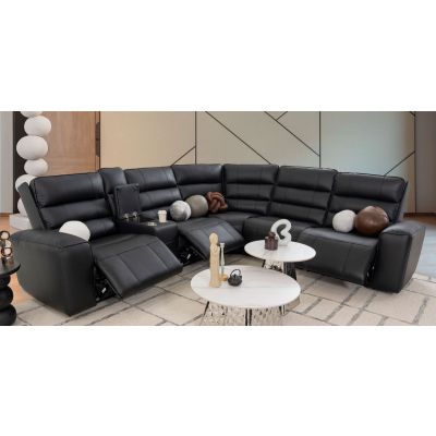 Sala Modular Piel Con Reclinables Eléctricos Y Consola Forli Negro