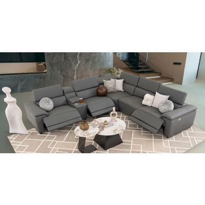 Sala Modular De Piel Con Reclinables Eléctricos Y Consola Montier Gris