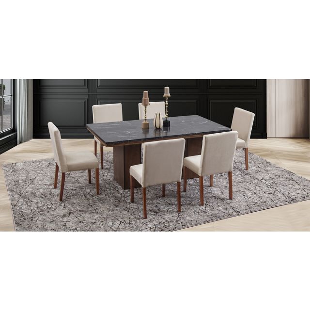 Comedor Rectangular De Mármol 180 Cm Alessia Negro/Beige 7 Piezas
