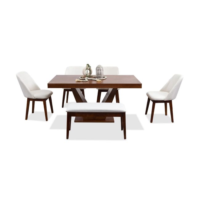 Comedor Volta Nogal Con Sillas Y Banca Olaf Beige 6 Piezas