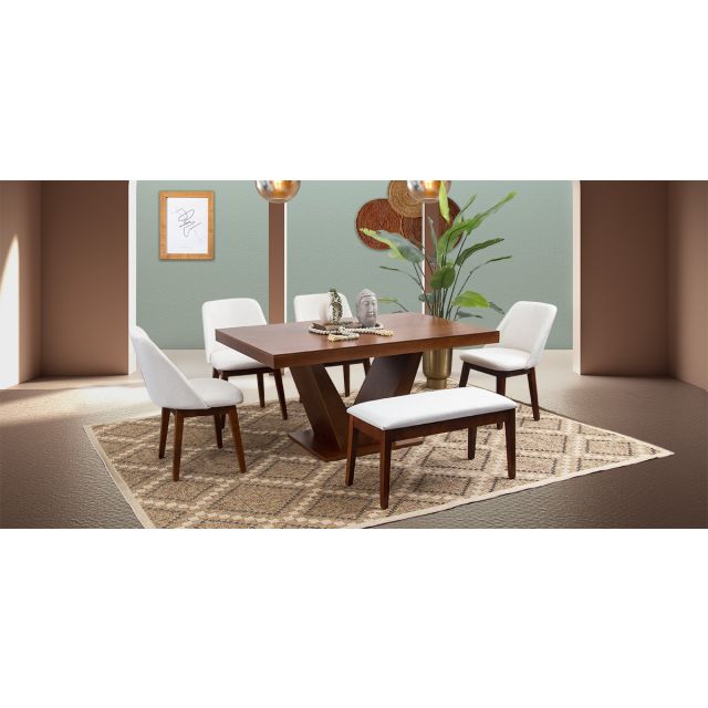 Comedor Volta Nogal Con Sillas Y Banca Olaf Beige 6 Piezas