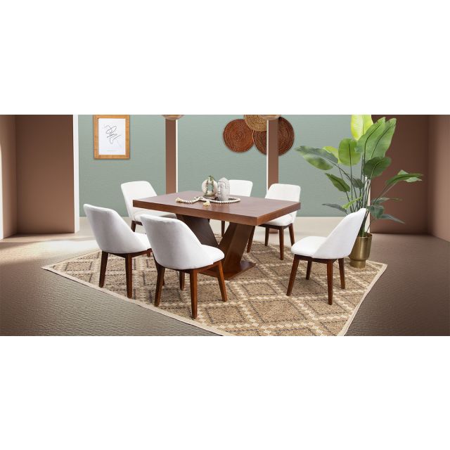 Comedor Volta Nogal Con Sillas Olaf Beige 7 Piezas