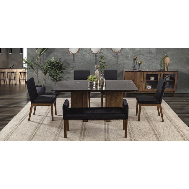 Comedor Birmania Con Sillas Y Banca Negro 6 Piezas