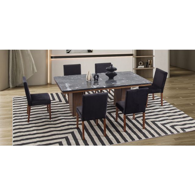 Comedor Rectangular De Mármol 210 Cm Alessia Negro 7 Piezas