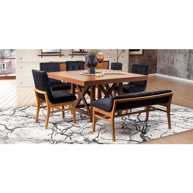 Comedor Mika Nogal Con Sillas y Banca Invictus Negro 6 Piezas
