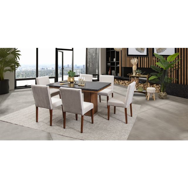 Comedor Rectangular De Mármol Alessia Negro/Beige 7 Piezas