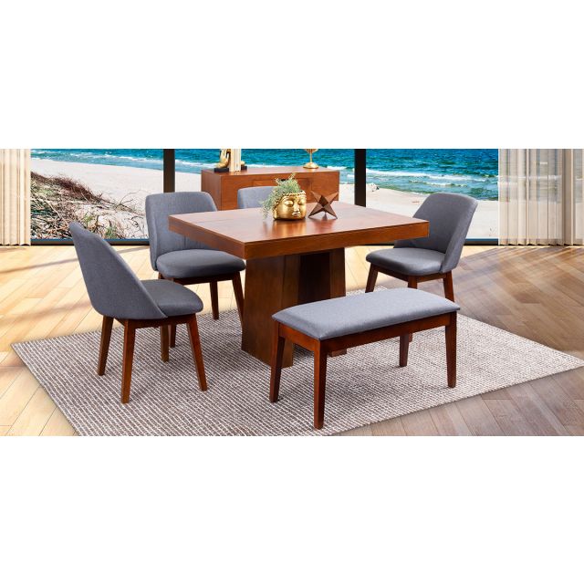 Comedor Odette PL Con Sillas Y Banca Olaf Gris 6 Pzs