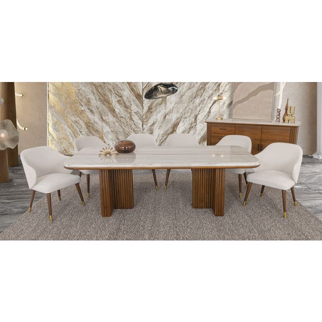 Comedor Rectangular De Mármol Tinnie CL Café Nogal 7 Piezas