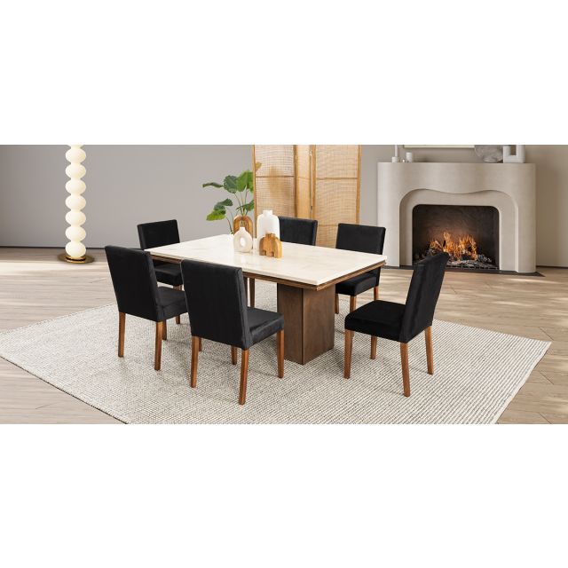Comedor Rectangular De Mármol 180 Cm Alessia Beige/Negro 7 Piezas