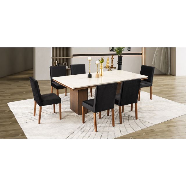 Comedor Rectangular De Mármol 210 Cm Alessia Beige/Negro 7 Piezas