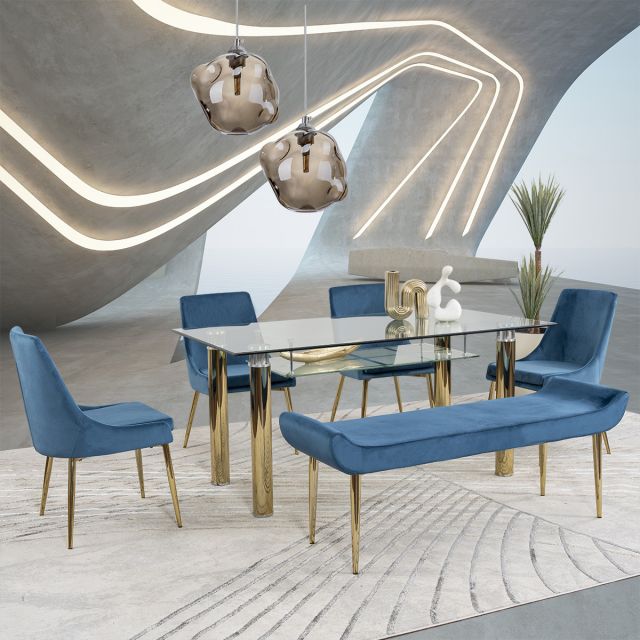 Comedor Rectangular Dunkel Royal Gold Azul 6 Piezas