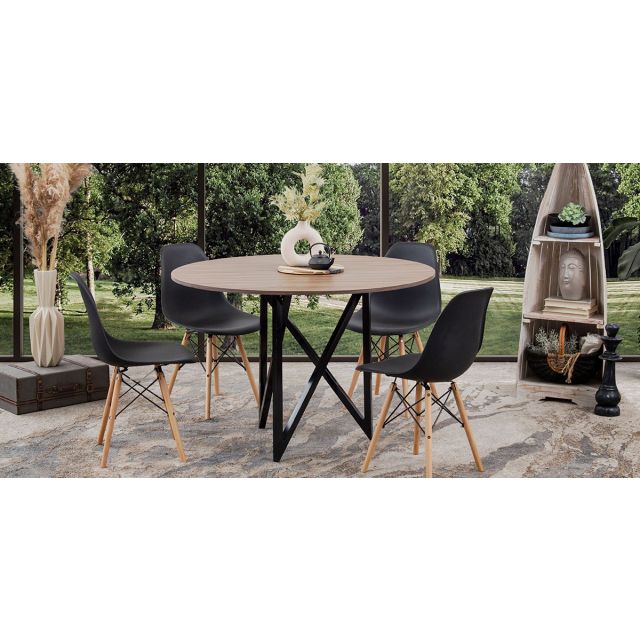 Comedor Redondo Nápoles Parota con Sillas Atlas Negro 5 Piezas