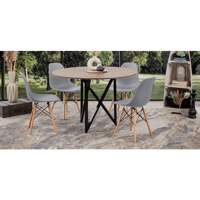 Comedor Redondo Nápoles Parota con Sillas Atlas Gris 5 Piezas