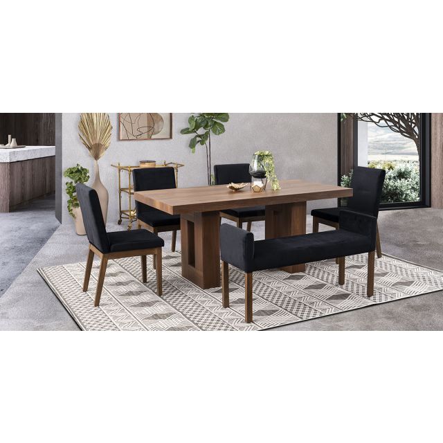 Comedor Rectangular Marbella Con Sillas Y Banca Birmania Negro 6 Pzs