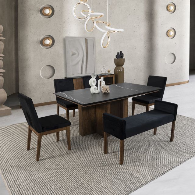 Comedor Birmania Con Sillas Y Banca Negro 6 Piezas