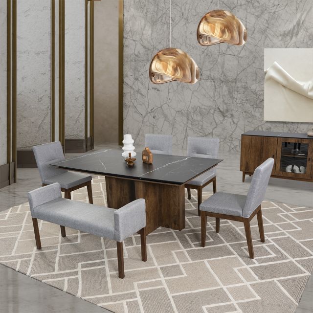Comedor Birmania Con Sillas Y Banca Gris 6 Piezas