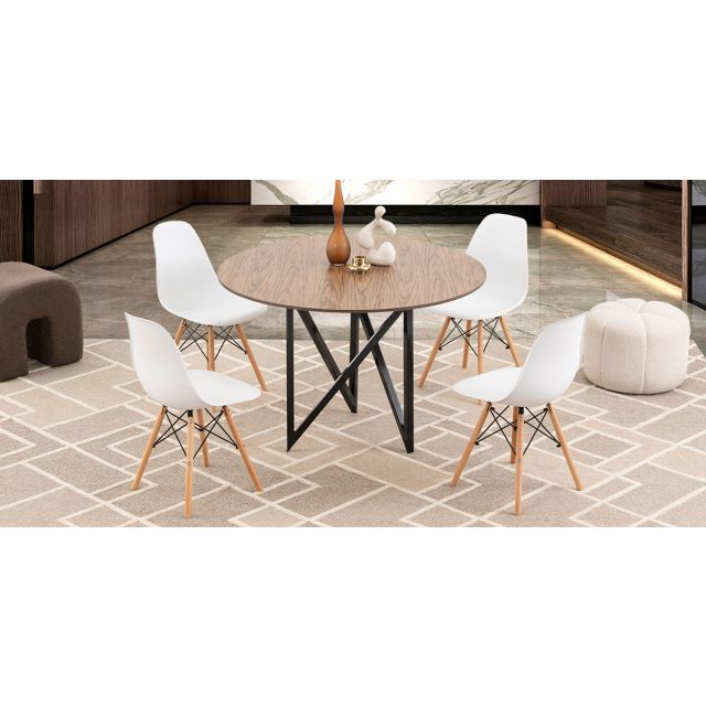 Comedor Redondo Nápoles Parota Con Sillas Atlas Blanco 5 Piezas