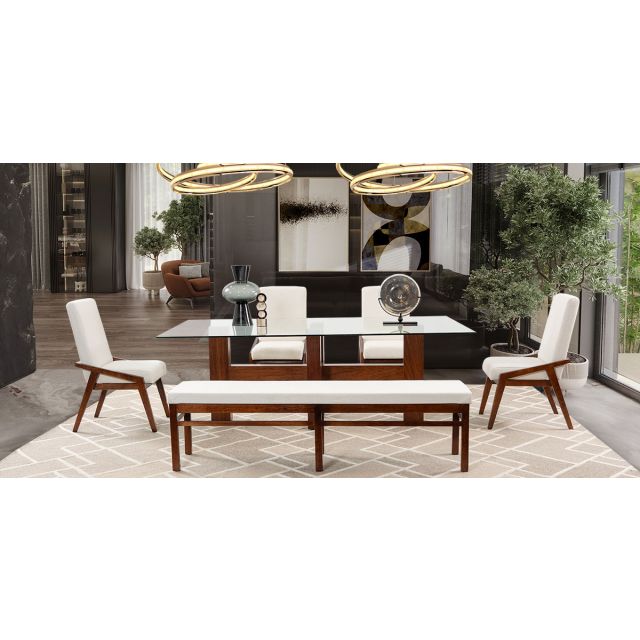 Comedor Rectangular De Cristal Praga Con Sillas Y Banca Praga Mix Beige 6 Piezas