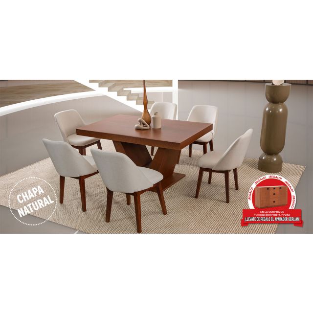 Comedor Volta Nogal Con Sillas Olaf Beige 7 Piezas