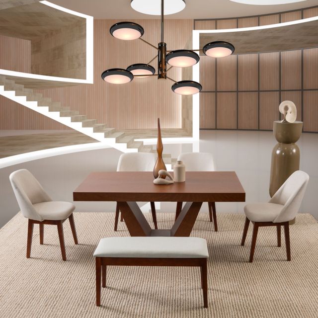 Comedor Volta Nogal Con Sillas Y Banca Olaf Beige 6 Piezas