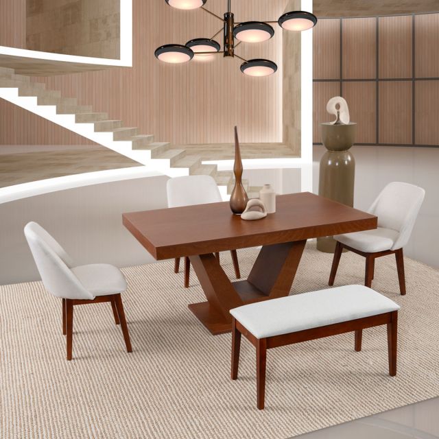 Comedor Volta Nogal Con Sillas Y Banca Olaf Beige 5 Piezas