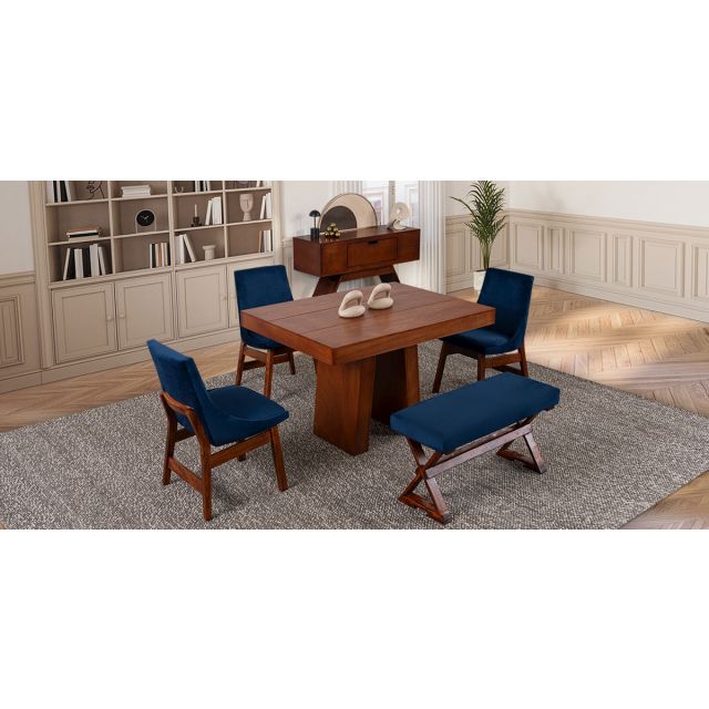 Comedor 120 Cm Odette Con Sillas Y Banca Azul Marino 5 Piezas