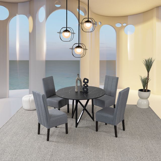 Comedor Redondo Nápoles Negro Con Sillas Gris 5 Piezas