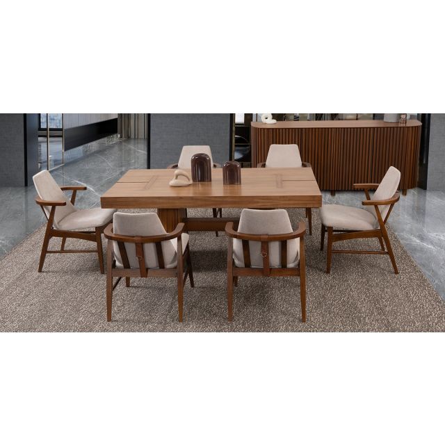 Comedor Rectangular 180 Cm Lynnea Con Sillas Cordel Beige 7 Piezas