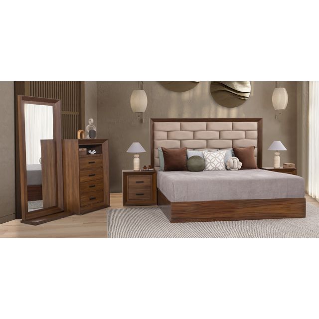 Recámara King Size Tapizada Maileny Café 5 Piezas