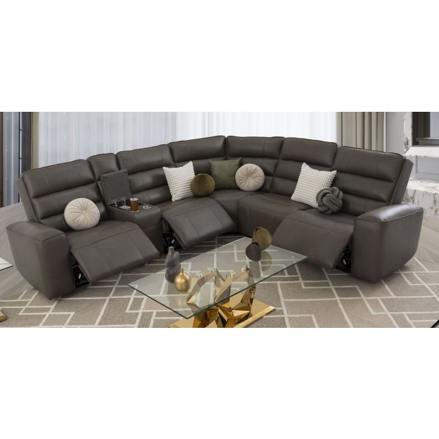 Sala Modular Piel Con Reclinables Eléctricos Y Consola Forli Gris