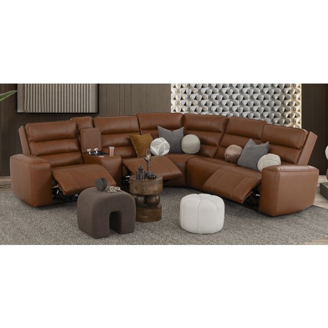 Sala Modular Piel Con Reclinables Eléctricos Y Consola Forli Café