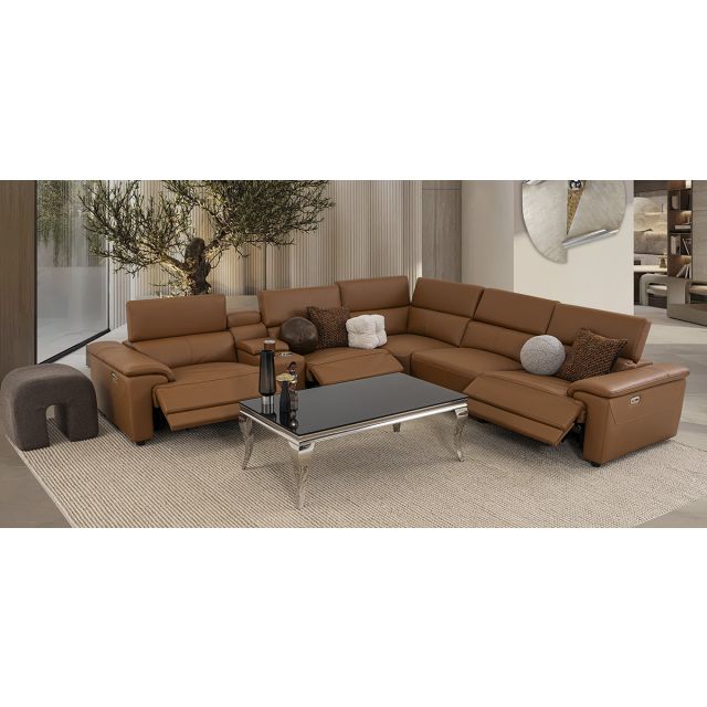 Sala Modular De Piel Con Reclinables Eléctricos Y Consola Montier Café